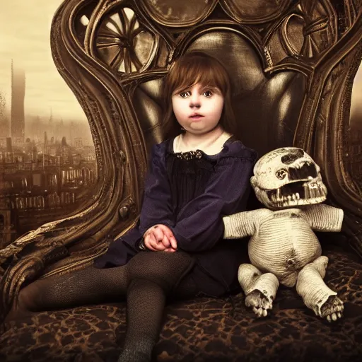 Image similar to a color photo of young sad victorian gothic child with big eyes and wide grin sitting on a sofa of bones surrounded by a cyber futuristic cityscape made of human body parts, ultra detailed, 8 k resolution, beautiful lighting, expansive detailed layered city, landscape, sigma 8 5 mm, award winning photography, perfect faces