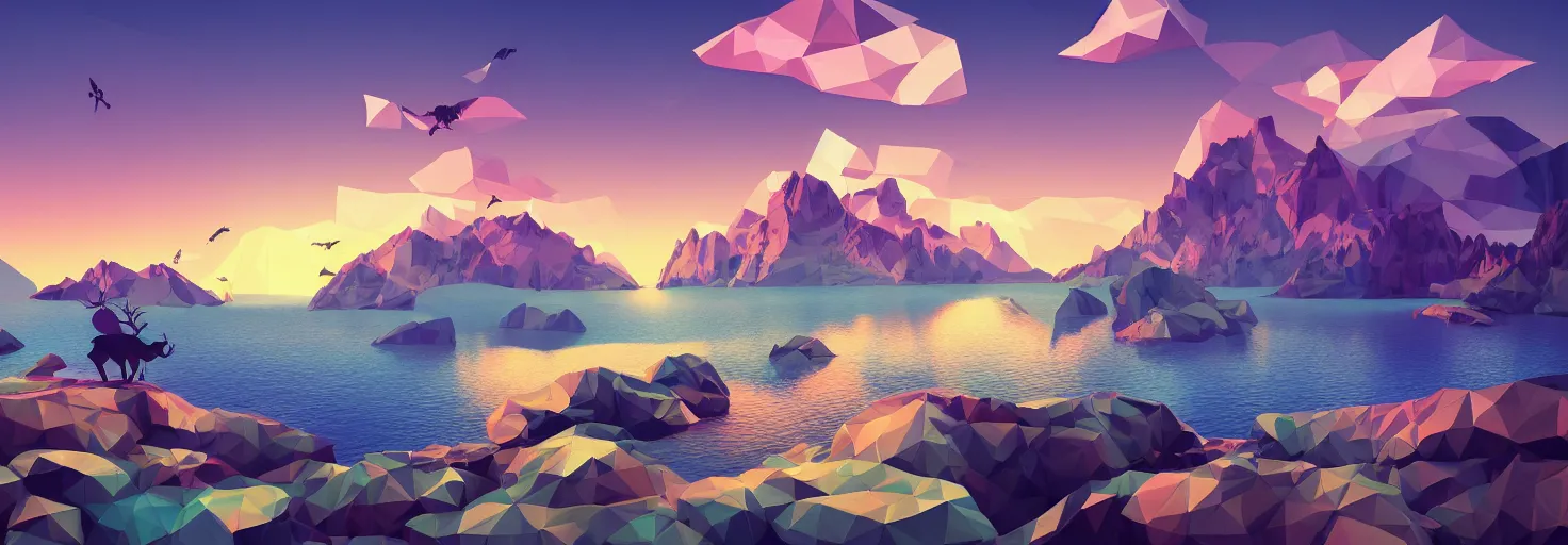Prompt: super detailed color lowpoly art, northern sunset with rocks on front, lake in the middle of perspective and mountains at background, graphic reindeers in random points, unreal engine, retrowave color palette, 3d render, lowpoly, colorful, digital art