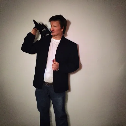 Prompt: nathan fillion with guy fawkes mask