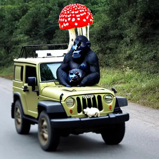 Image similar to gorilla driving a jeep holding an amanita muscaria made by banksy