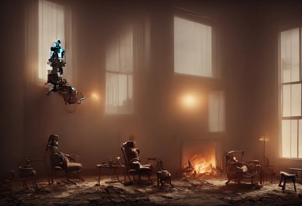 Image similar to intimate portrait photograph of one single lone solitary futuristic robot sitting on a frayed recliner in front of a beautiful fireplace with a cozy fire, in a dupost-apocalyptic Victorian home, soft morning light seeping in a window, with cinematic lighting and lens flare, tall ceiling, octane render, cgsociety, by Simon Stalenhag and Alfonso Cuaron, highly detailed closeup portrait, award-winning highly detailed 8k anamorphic closeup tight cinematic movie photograph