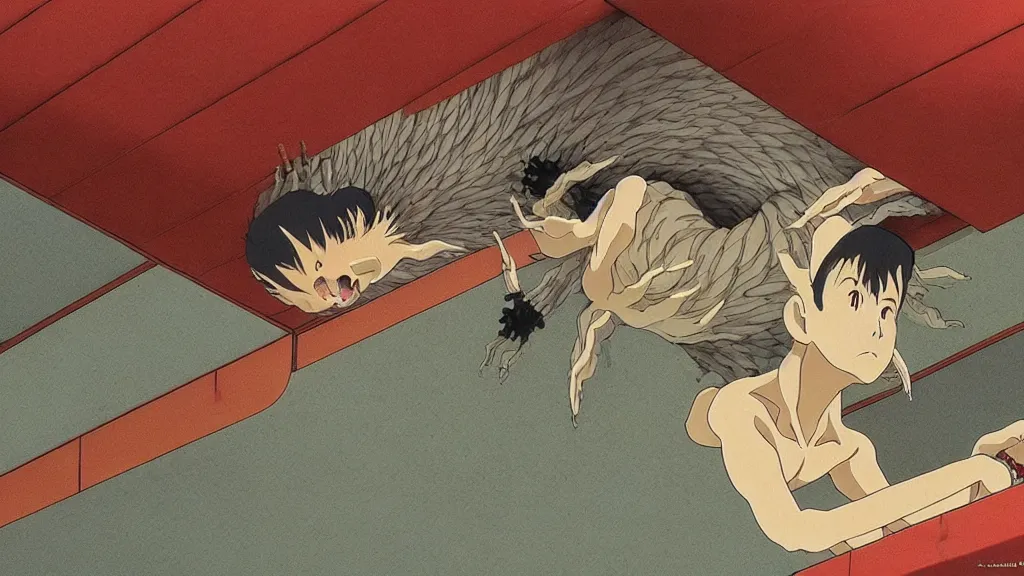 Image similar to a strange creature crawls on the ceiling of a Japanese temple, anime film still from the an anime directed by Katsuhiro Otomo with art direction by Salvador Dalí, wide lens