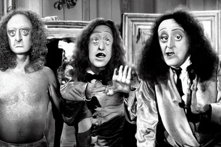 Image similar to Billy Wilder, Marty Feldman and weird al Yankovic in a still of the movie Young Frankenstein, hyperrealistic, cinema