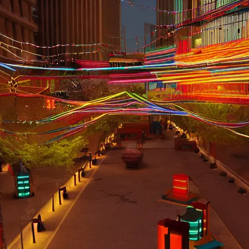 Image similar to Downtown Mexico, string lights, colorful lighting, night, unreal engine 5 tech demo, octane render, by Tooth Wu, by 'Frank Lloyd Wright