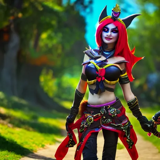 Image similar to happy rogue valeera from world of warcraft, a stroll in a beautiful park, sunny, morning, photorealistic, 4 k