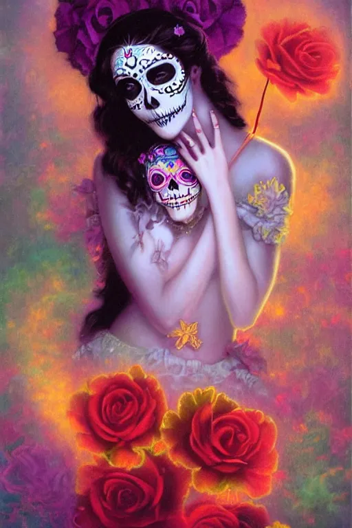 Prompt: Illustration of a sugar skull day of the dead girl, art by Delphin Enjolras