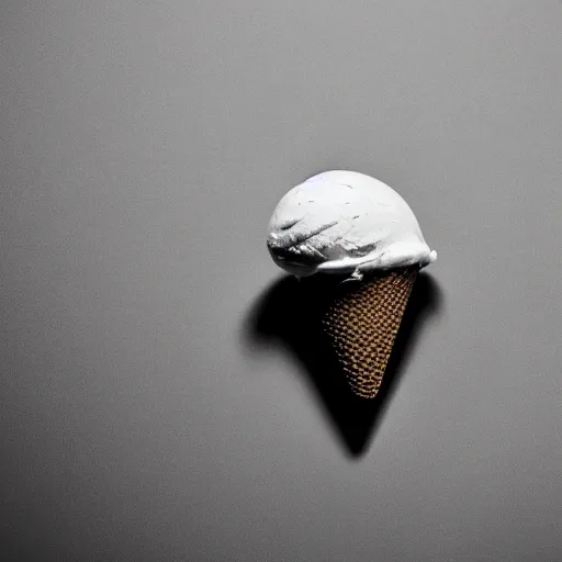 Prompt: a moody, detailed photograph of brain-flavored ice cream. A levitating ice cream cone with a brain instead of ice cream. shallow depth-of-field. by Eugene Richards and Brothers Quay