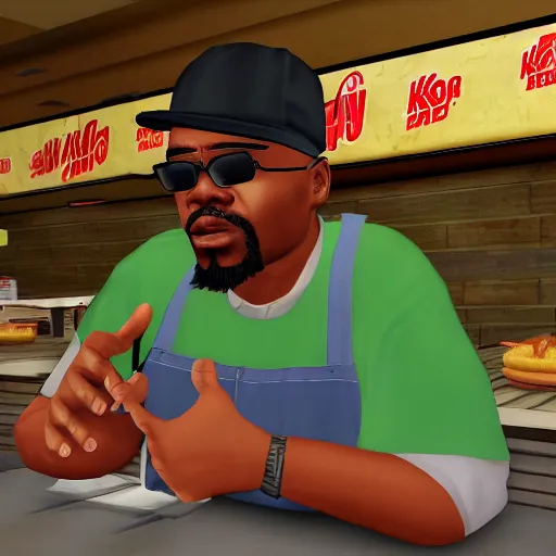 Prompt: Big Smoke from GTA san andreas at a burger king