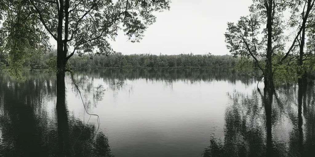 Image similar to symmetrical photograph of an infinitely long rope floating on the surface of the water, the rope is snaking from the foreground stretching out towards the center of the lake, a dark lake on a cloudy day, trees in the background, anamorphic lens, surreal