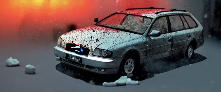 Image similar to Audi A4 B6 Avant (2002), a gritty neo-noir, dramatic lighting, cinematic, eerie person, death, homicide, homicide in the snow, viscera splattered all over the car, gunshots, establishing shot, extremely high detail, photorealistic, red mist, arson, burning city, cinematic lighting, artstation, by simon stalenhag, Max Payne (PC) (2001) winter New York at night, In the style of Max Payne 1 graphic novel, flashing lights, Poets of the Fall - Late Goodbye