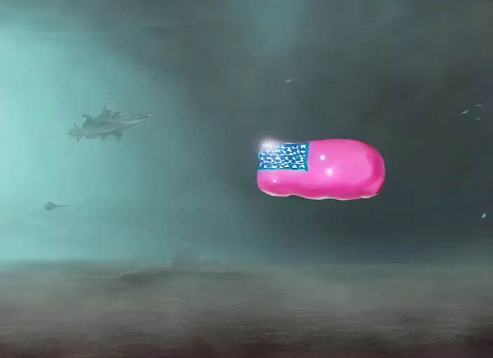 Prompt: a pink donut with an american flag sticking out of it in an underwater desert. a submarine is visible in the distance. dark, concept art, cinematic, dramatic, atmospheric, 8 k, trending on artstation, blue, fish, low visibility, light rays, extremely coherent, bubbles, fog, ocean floor, christopher nolan, interstellar