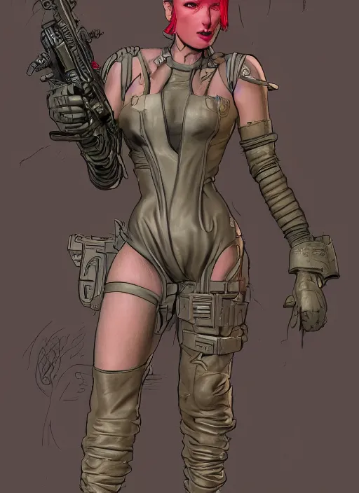 Image similar to menacing cyberpunk mercenary in tactical harbess and jumpsuit. dystopian. portrait by stonehouse and mœbius and will eisner and gil elvgren and pixar. realistic proportions. cyberpunk 2 0 7 7, apex, blade runner 2 0 4 9 concept art. cel shading. attractive face. thick lines.