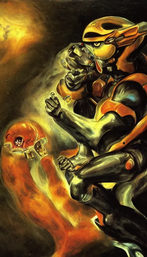 Prompt: samus devouring her metroid child a mural by francisco goya, painting by salvador martinez cubells, 4 k, high quality