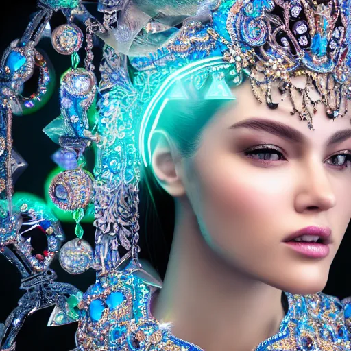 Prompt: portrait of pretty princess with perfect skin, glowing, ornate and intricate sapphire jewelry, jaw dropping beauty, glowing backdrop, white accent lighting, hyper detailed, 4 k octane render