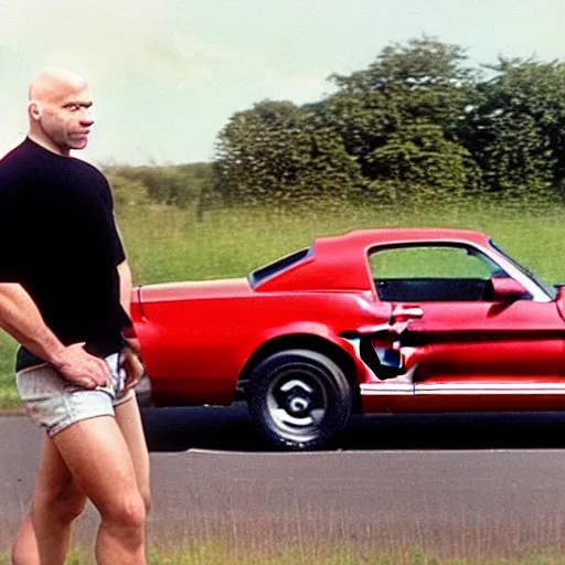 Image similar to coloured photograph of a muscled young white bald guy with broad shoulders, black shirt and a large chest driving a racing red mustang down a british road, high detail, very clear faces