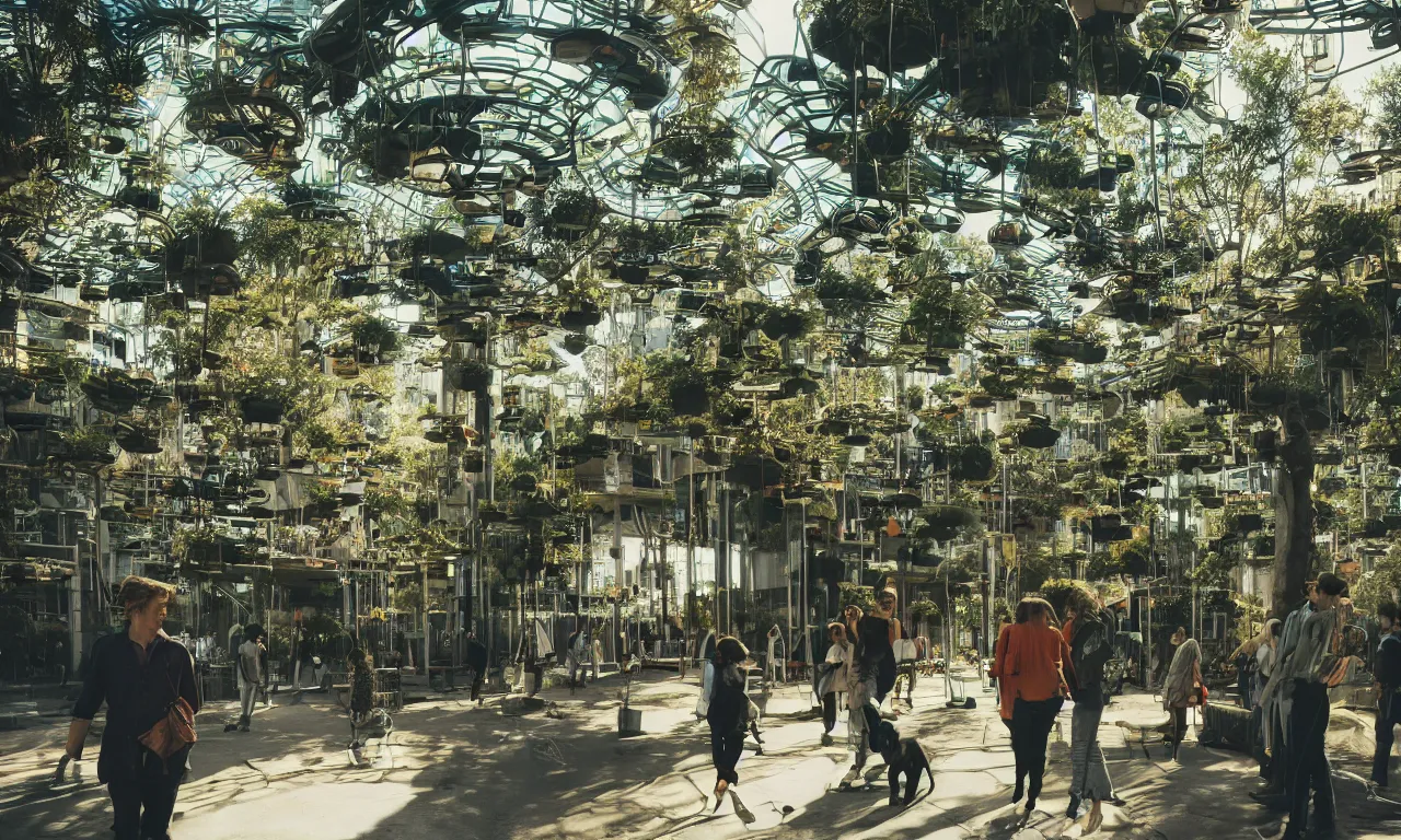 Image similar to candid photo of sunrise atmospherics in a futuristic solarpunk utopia, hanging solar gardens with animals and humans walking in peace, brilliant daylight, leica 8 k still from an a 2 4 film