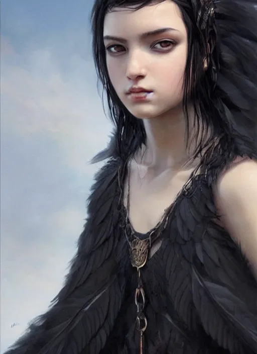 Prompt: a teenage girl with very short black hair and a huge cloak made of black raven feathers. beautiful highly detailed face. beautiful painting by artgerm and greg rutkowski and raymond swanland