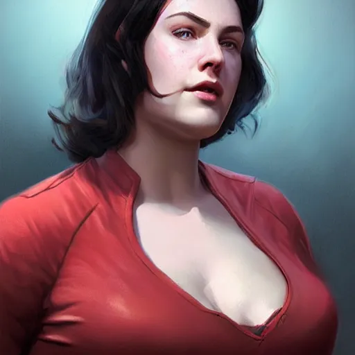 Image similar to portrait of a brunette chubby woman with blue eyes in fallout 4, light stubble with red shirt inside victorian mansion ,digital art,photorealistoc,art by greg rutkowski,hyperdetailed,western comic style,comic,comic style,sharp lineart,professional lighting,deviantart,artstation,trevor henderson,rossdtaws,cinematic,dramatic