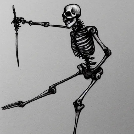 Image similar to pencil sketch of a skeleton with a cane sprinting, concept art