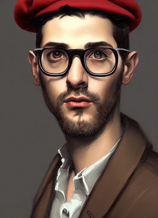 Prompt: portrait of a male italian artist wearing a beret and glasses, intricate, elegant, highly detailed, digital painting, dark background, artstation, concept art, smooth, sharp focus, illustration, art by wlop, mars ravelo and greg rutkowski