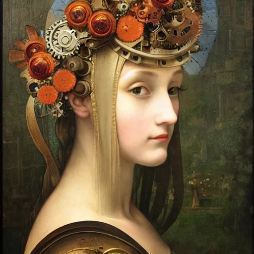 Image similar to portrait of a beautiful young cyborg woman with a big steampunk flower crown and part mechanical face , Metropolis, by Leonardo Da Vinci in the style of Bouguereau