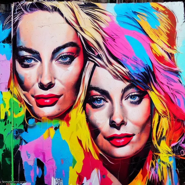 Prompt: Street-art portrait of Margot Elise Robbie in style of Eduardo Kobra, photorealism