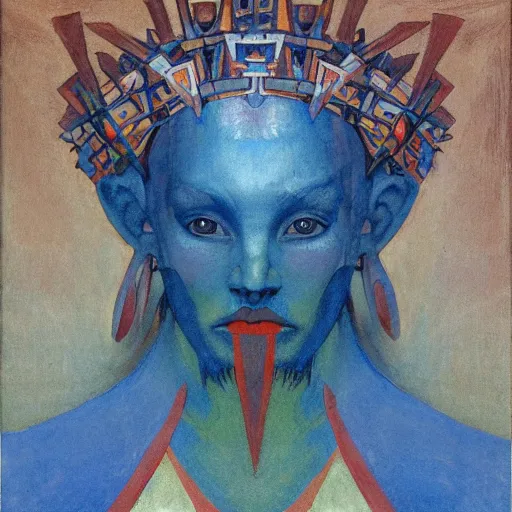 Prompt: the forest crown, by Annie Swynnerton and Nicholas Roerich and Diego Rivera, blue skin, elaborate costume, geometric ornament, rich color, dramatic cinematic lighting, smooth, sharp focus, extremely detailed