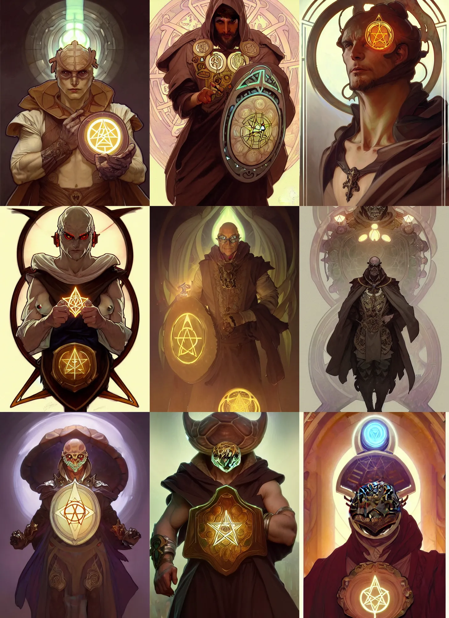 Prompt: digital character concept art by artgerm and greg rutkowski and alphonse mucha. clear portrait of an evil - looking, male, anthropomorphic tortoise dressed like a cleric, with glowing arcane runes painted on his shell, holding a pentagram shield, gritty coloring, intricate, digital painting, artstation, smooth, sharp focus