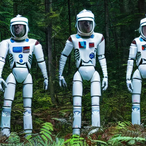 Image similar to a squad of space scouts and a tall robot wearing camo uniforms with white armor and helmets exploring a forest planet