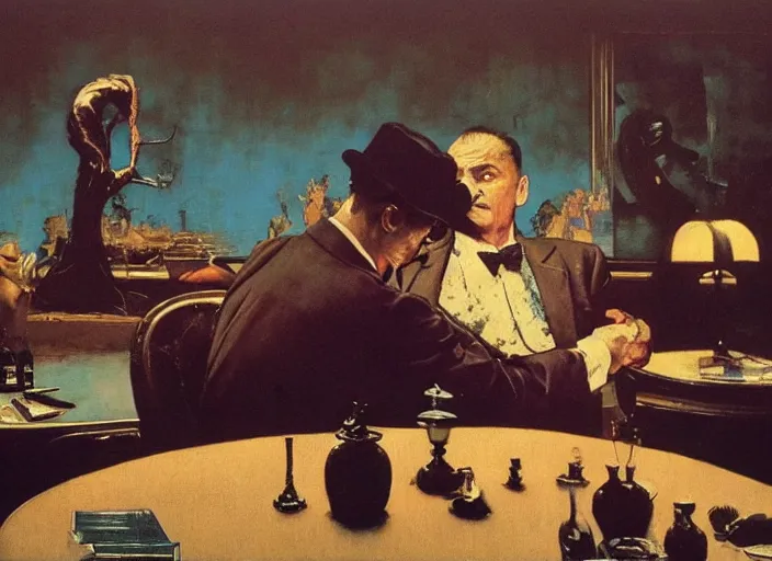 Image similar to a still from the movie godfather by of francis bacon and norman rockwell and james jean, a still from the movie thor : ragnarok, mark brooks, triadic color scheme, by greg rutkowski, syd mead and edward hopper and norman rockwell and beksinski, dark surrealism, orange and turquoise ans purple
