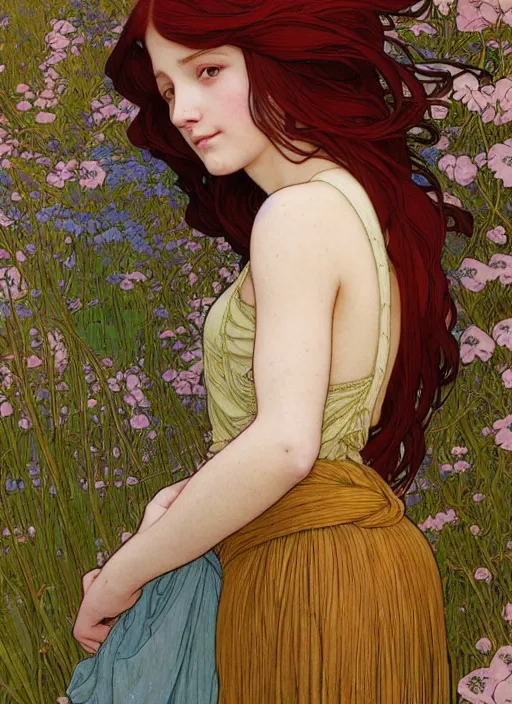 Image similar to young woman resembling alicia vikander with long red hair, wearing a dress, building a castle on the wooden floor in an old wooden house, path traced, highly detailed, high quality, digital painting, by studio ghibli and alphonse mucha, leesha hannigan, hidari, art nouveau, chiho aoshima, jules bastien - lepage