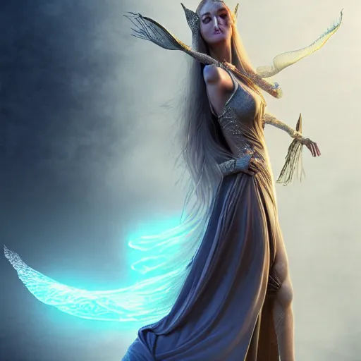 Prompt: portrait of a female elven wizard in flowing sensual dress, long flowing hair, delicate, looking at camera, slightly smiling, real face, stylish, elegant, extremely detailed painting inspired by Gerald Brom, octane render, epic lighting