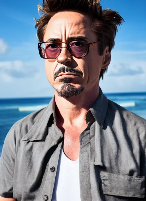 Image similar to a full portrait photo of robert downey jr holiday in bali, f / 2 2, 3 5 mm, 2 7 0 0 k, lighting, perfect faces, award winning photography.