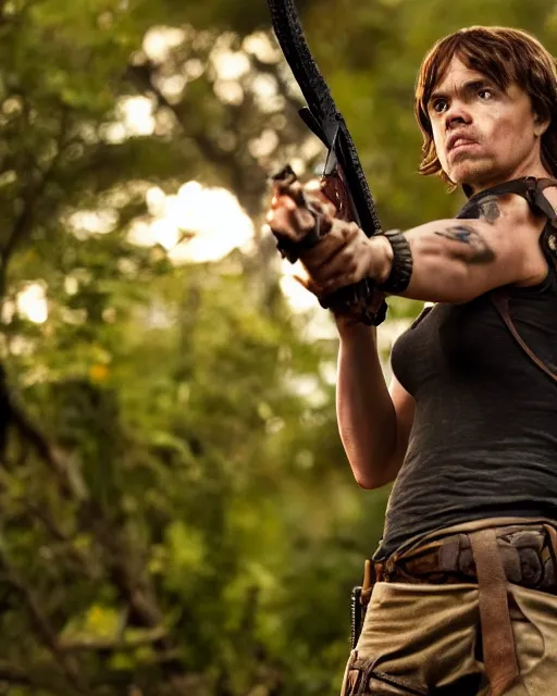 Image similar to peter dinklage as lara croft, golden hour, cinematic