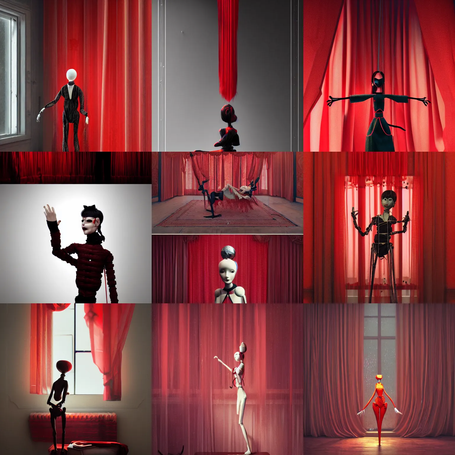 Prompt: marionette on strings and red curtains, intricate artwork by Tooth Wu and wlop and beeple. octane render, trending on artstation, greg rutkowski very coherent symmetrical artwork. cinematic, hyper realism, high detail, octane render, 8k, red and black tones