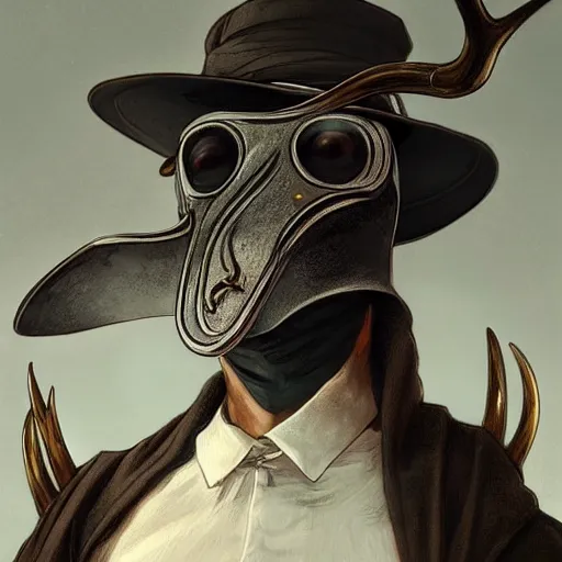 Image similar to ! dream a plague doctor hunting with a bow, with antlers on his head, deep focus, intricate, elegant, highly detailed, digital painting, artstation, concept art, matte, sharp focus, illustration, art by artgerm and greg rutkowski and alphonse mucha