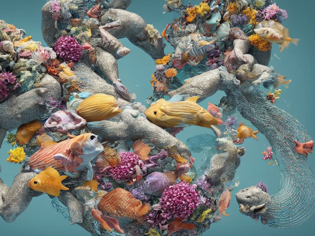 Prompt: a sculpture of fish ocean intertwined, a lovely cornucopia of flowers and human body parts, body parts, highly detailed, octane render, cinematic, shock, sharp focus, an independent sharp, clean, studio lighting