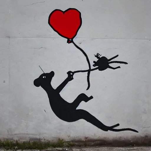 Image similar to A rat riding a tank shooting balloons, in the style of Banksy