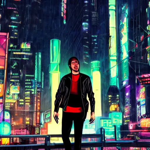 Image similar to alex o'connor in a cyberpunk city