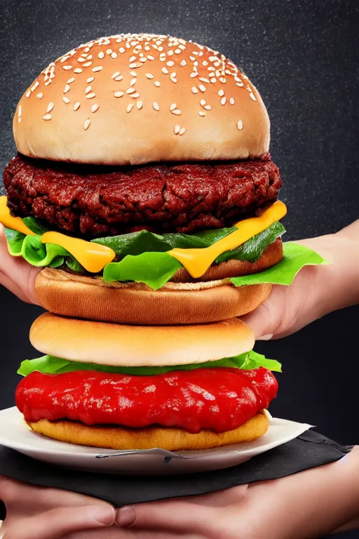 Image similar to mcdonalds hamburger covered in blood with a bite taken out, commercial photography