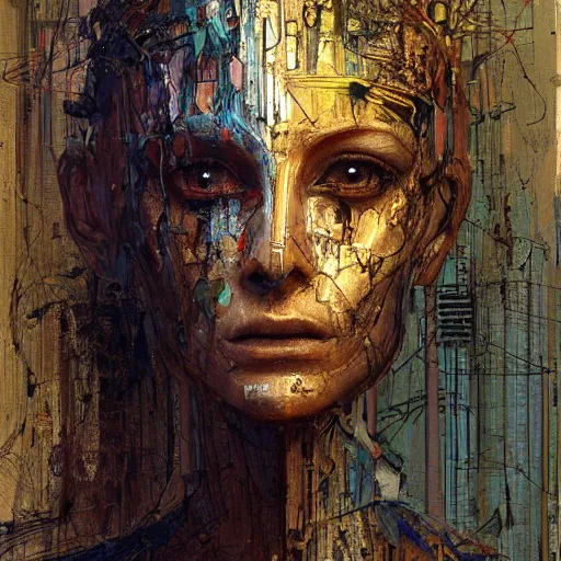 Prompt: human 3 d by pantokrator, woman head made of mech mask rendered in unreal engine, cyberpunk, dark, scifi, painted by david burliuk | bernard buffet | carne griffiths | stanislaw lem