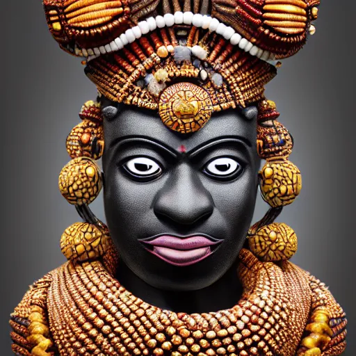 Prompt: elegba eshu the yoruba god with cowrie shells for eyes writing a poem, insanely detailed and intricate, golden ratio, hypermaximalist, elegant, ornate, luxury, elite, James jean, Brian froud, ross tran, realistic 3D, hyper realistic, super detailed, realistic octane render, 8K, fashion photogra
