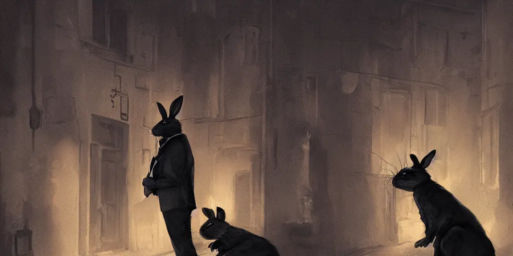 Prompt: rabbit wearing a tie is talking to a well dressed raccoon in a dark alley, warm color palette, night time, dramatic lighting, noir film, character sheet, fine details, high contrast, blacksad, kim jung gi, greg rutkowski, trending on artstation, 8 k, front view, back view, ultra wide angle
