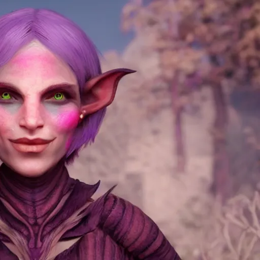 Prompt: a frightening, beautiful elf with violet skin, a scarred face, a bob haircut, and bushy eyebrows, grinning, with a burning vista behind them, in the style of gary frank and rafael albuqurque, rendered in unreal engine