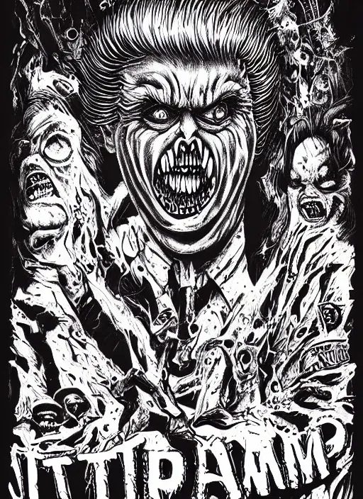 Prompt: Donald Trump's disgusting true form on a 1990s horror movie poster, inking, vintage 90s print, detailed, scary, horror, screen print, trending on artstation