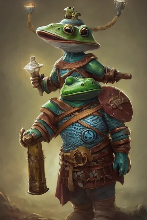 Image similar to cute anthropomorphic frog knight wearing a cape and a Viking helmet and holding lantern, tiny, small, miniature frog, baby animal, short, pale blue armor, cute and adorable, pretty, beautiful, DnD character art portrait, matte fantasy painting, cgsociety Artstation, by Jason Felix by Steve Argyle by Tyler Jacobson by Peter Mohrbacher, cinematic lighting