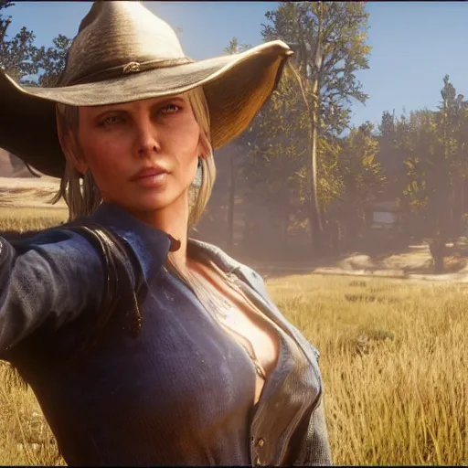 Prompt: charlize theron stars as sadie adler in the playstation 4 video game red dead redemption 2, beautiful screenshot