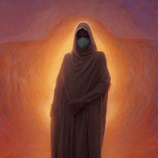 Image similar to a silhouette dressed with a shroud wearing a golden mask, by jean delville and sophie anderson and mandy jurgens, golden ratio, perfect composition, elegant, no crop, extremely detailed, hd, masterpiece, artstation