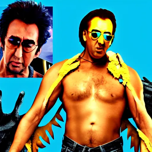 Prompt: buff nic cage playing vriska serket from homestuck, movie still, digital photography, high quality