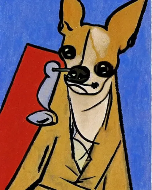 Prompt: chihuahua smoking a cigar, mountain, by picasso
